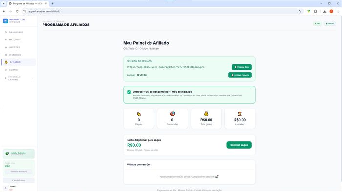 Painel de afiliado MKAnalyzer — link, cupom, stats e saldo